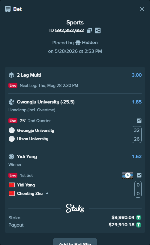 Bet slip: Yidi Yang - Chenting Zhu, $10,000.00 stake at 1.62 odds, placed by Hidden