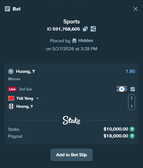 Bet slip: Yidi Yang - Huang, Y, $10,010.00 stake at 1.80 odds, placed by Hidden