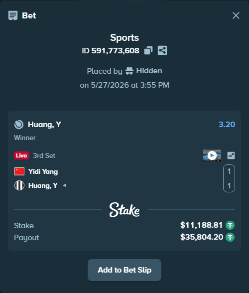 Bet slip: Yidi Yang - Huang, Y, $11,200.00 stake at 3.20 odds, placed by Hidden