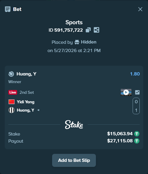 Bet slip: Yidi Yang - Huang, Y, $15,079.00 stake at 1.80 odds, placed by Hidden