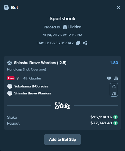 Bet slip: Yokohama B-Corsairs - Shinshu Brave Warriors, $15,194.16 stake at 1.80 odds, placed by Hidden