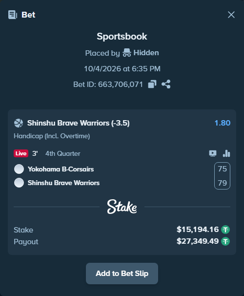 Bet slip: Yokohama B-Corsairs - Shinshu Brave Warriors, $15,194.16 stake at 1.80 odds, placed by Hidden