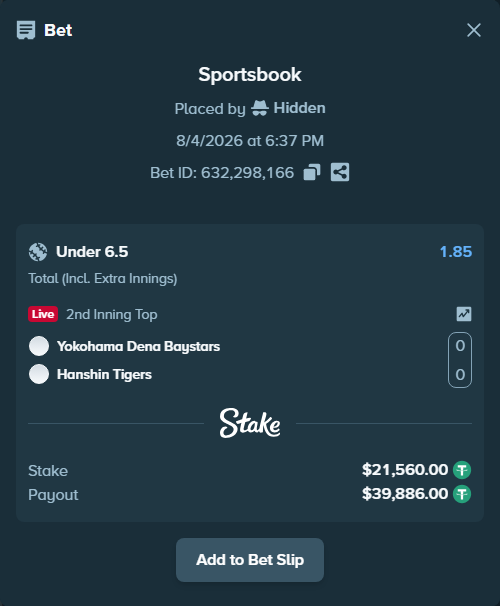 Bet slip: Yokohama Dena Baystars - Hanshin Tigers, $21,581.56 stake at 1.85 odds, placed by Hidden