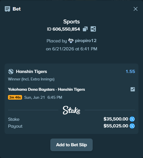 Bet slip: Yokohama Dena Baystars - Hanshin Tigers, $35,500.00 stake at 1.55 odds, placed by piropiro12