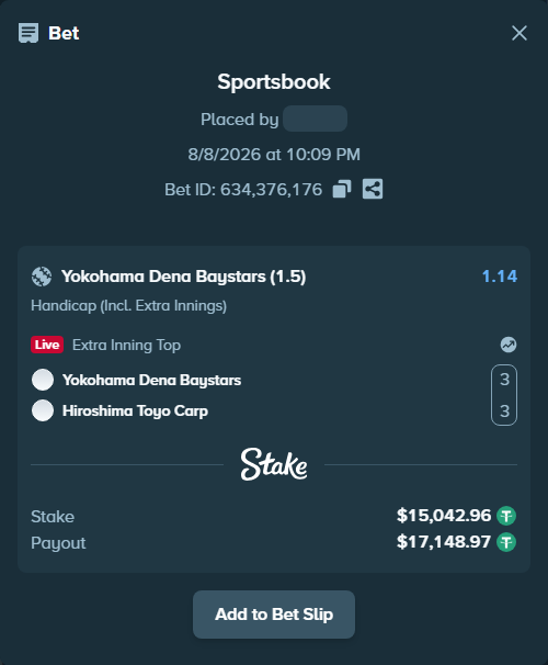 Bet slip: Yokohama Dena Baystars - Hiroshima Toyo Carp, $15,058.00 stake at 1.14 odds, placed by Rovangood