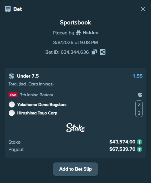 Bet slip: Yokohama Dena Baystars - Hiroshima Toyo Carp, $43,617.57 stake at 1.55 odds, placed by Hidden
