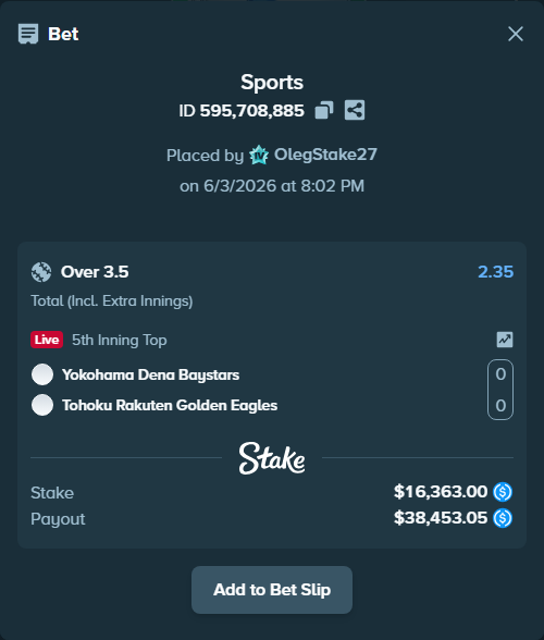 Bet slip: Yokohama Dena Baystars - Tohoku Rakuten Golden Eagles, $16,363.00 stake at 2.35 odds, placed by OlegStake27