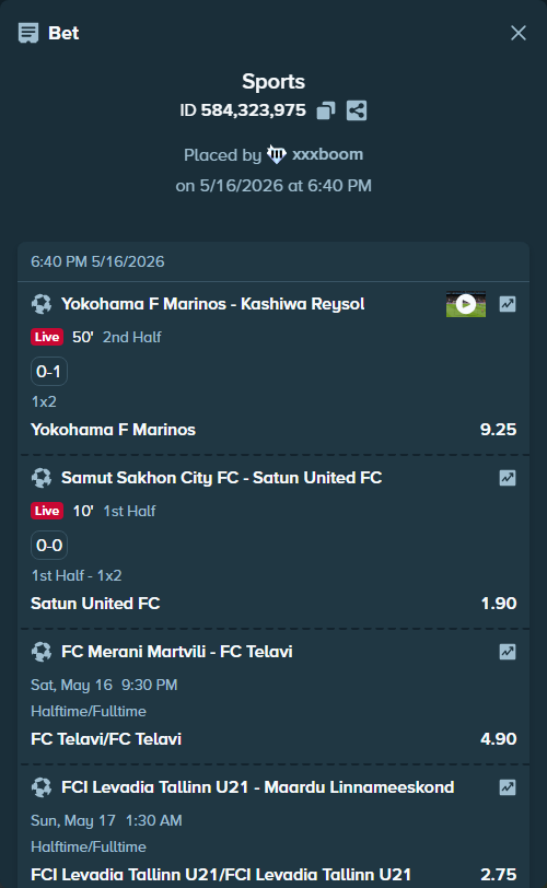 Bet slip: Yokohama F Marinos - Kashiwa Reysol, $14,659.37 stake at 9.25 odds, placed by xxxboom