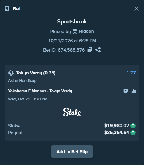 Bet slip: Yokohama F Marinos - Tokyo Verdy, $20,000.00 stake at 1.77 odds, placed by Hidden