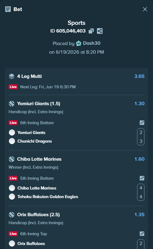 Bet slip: Yomiuri Giants - Chunichi Dragons, $11,760.49 stake at 1.30 odds, placed by Dash30