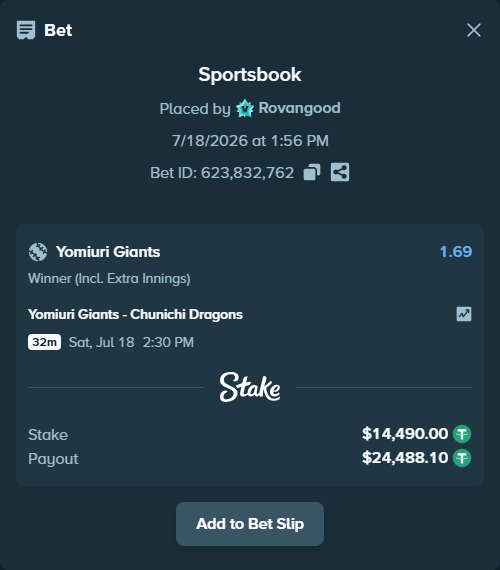 Bet slip: Yomiuri Giants - Chunichi Dragons, $14,490.00 stake at 1.69 odds, placed by Rovangood