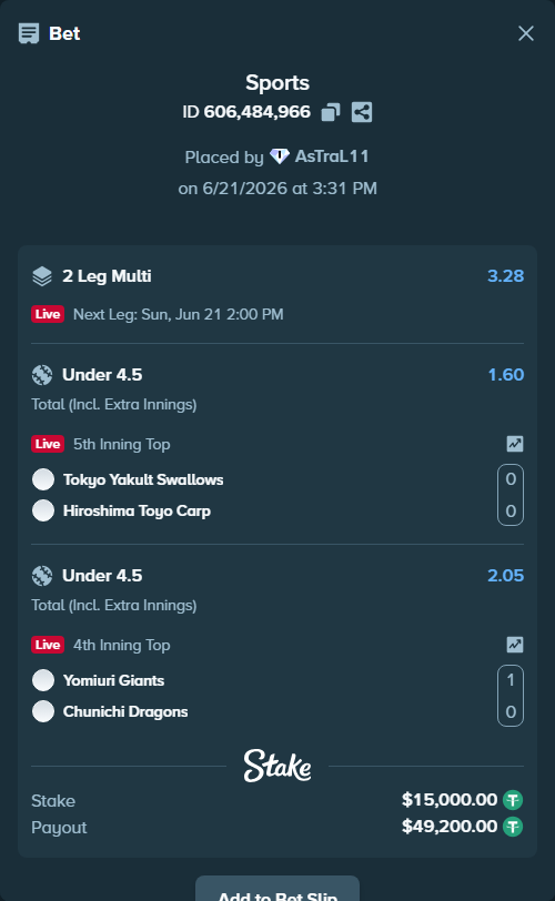 Bet slip: Yomiuri Giants - Chunichi Dragons, $15,015.00 stake at 2.05 odds, placed by AsTraL11