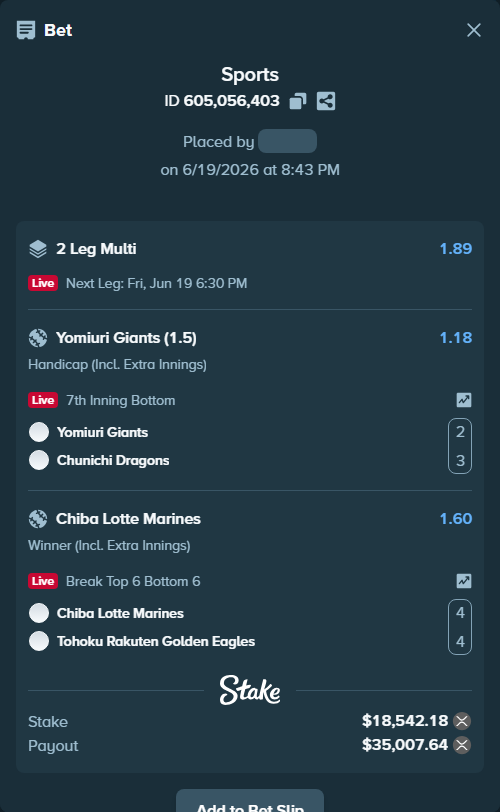 Bet slip: Yomiuri Giants - Chunichi Dragons, $17,464.75 stake at 1.18 odds, placed by Dash30