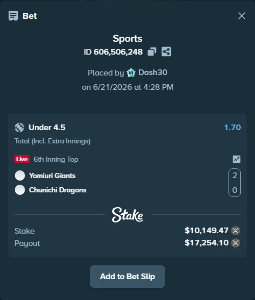 Bet slip: Yomiuri Giants - Chunichi Dragons, $9,177.36 stake at 1.70 odds, placed by Dash30