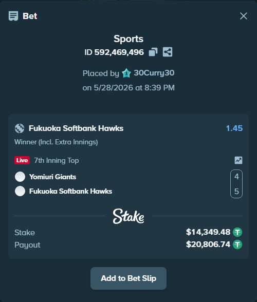 Bet slip: Yomiuri Giants - Fukuoka Hawks, $14,378.18 stake at 1.45 odds, placed by 30Curry30