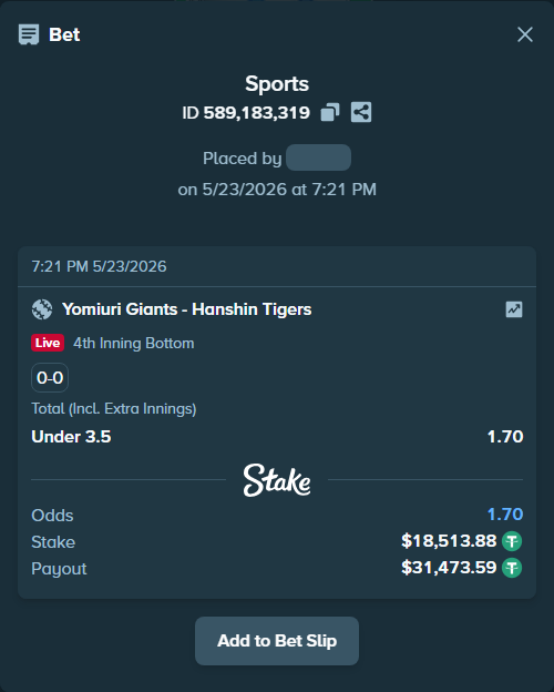 Bet slip: Yomiuri Giants - Hanshin Tigers, $18,532.39 stake at 1.70 odds, placed by MountainYu