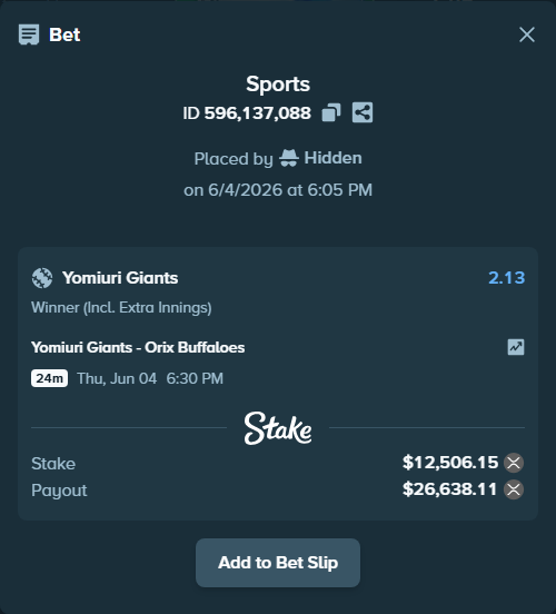 Bet slip: Yomiuri Giants - Orix Buffaloes, $12,345.57 stake at 2.13 odds, placed by Dash30