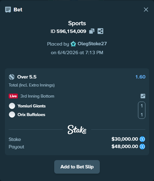 Bet slip: Yomiuri Giants - Orix Buffaloes, $30,000.00 stake at 1.60 odds, placed by OlegStake27
