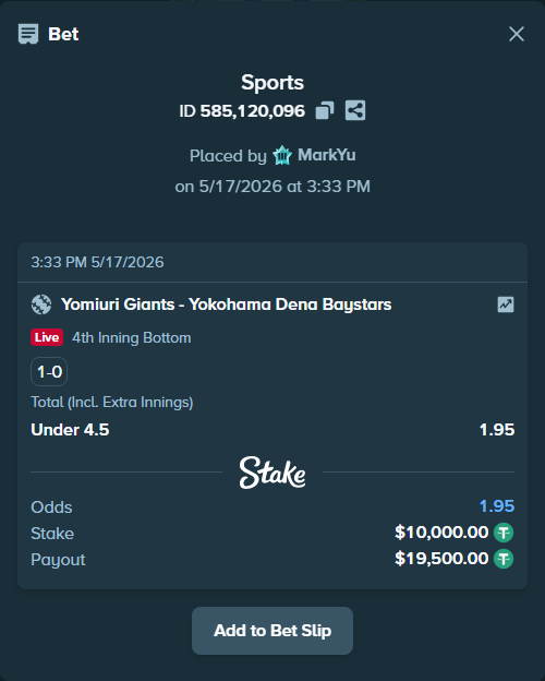 Bet slip: Yomiuri Giants - Yokohama Dena Baystars, $10,000.00 stake at 1.95 odds, placed by MarkYu