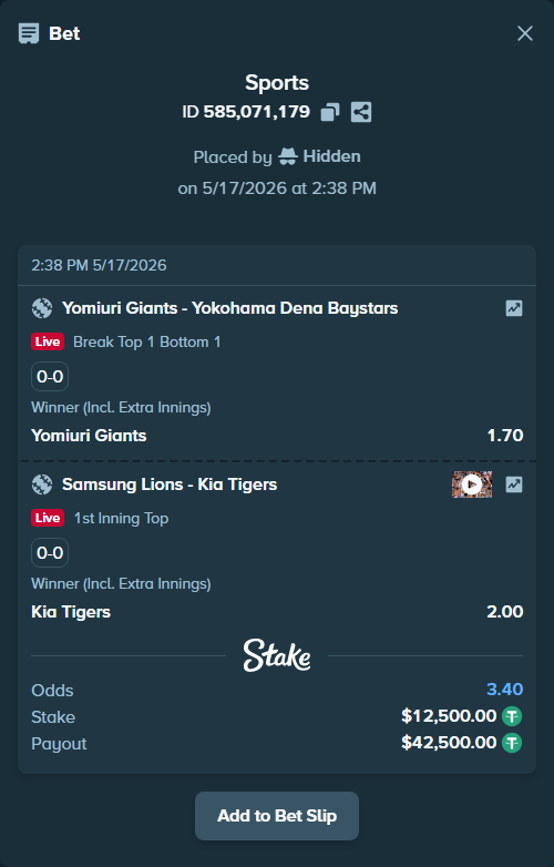 Bet slip: Yomiuri Giants - Yokohama Dena Baystars, $12,500.00 stake at 1.70 odds, placed by Hidden