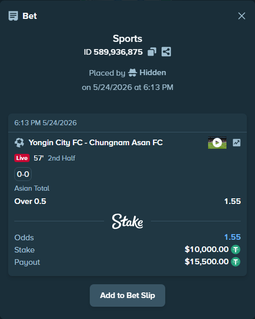 Bet slip: Yongin City FC - Chungnam Asan FC, $10,000.00 stake at 1.55 odds, placed by Hidden