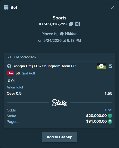 Bet slip: Yongin City FC - Chungnam Asan FC, $20,000.00 stake at 1.55 odds, placed by Hidden