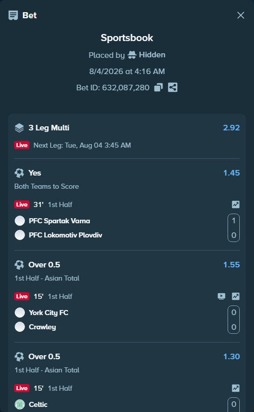 Bet slip: York City FC - Crawley, $12,294.28 stake at 1.55 odds, placed by Hidden