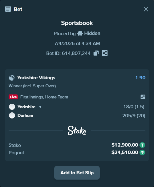 Bet slip: Yorkshire - Durham, $12,912.90 stake at 1.90 odds, placed by Hidden