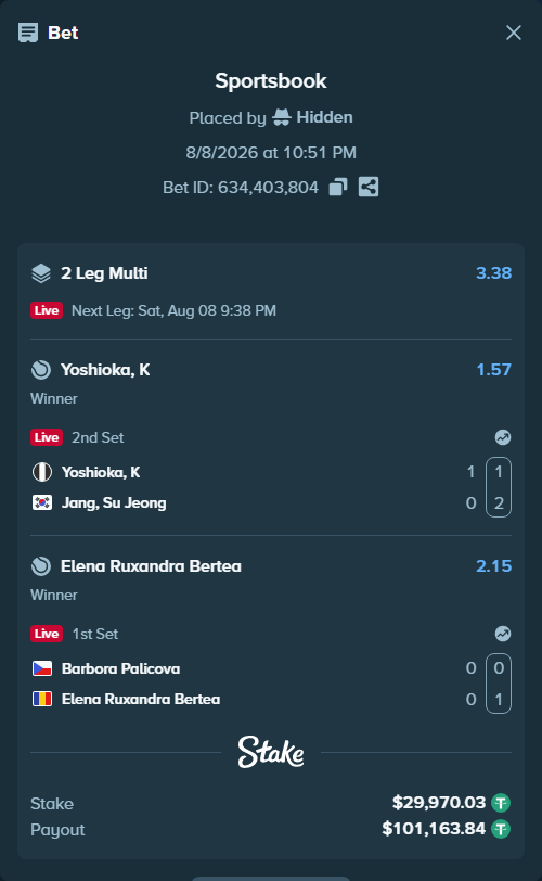 Bet slip: Yoshioka, K - Jang, Su Jeong, $30,000.00 stake at 1.57 odds, placed by Hidden