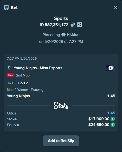 Bet slip: Young Ninjas - Misa Esports, $17,017.00 stake at 1.45 odds, placed by Hidden