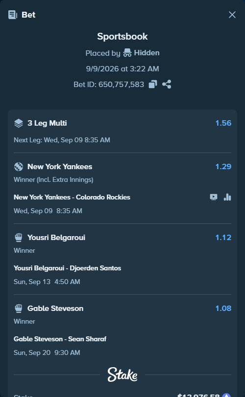 Bet slip: Yousri Belgaroui - Djoerden Santos, $14,003.49 stake at 1.12 odds, placed by Hidden