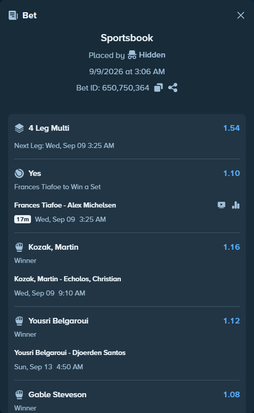 Bet slip: Yousri Belgaroui - Djoerden Santos, $17,907.06 stake at 1.12 odds, placed by Hidden