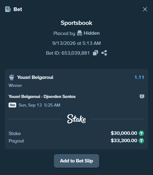 Bet slip: Yousri Belgaroui - Djoerden Santos, $30,000.00 stake at 1.11 odds, placed by Hidden