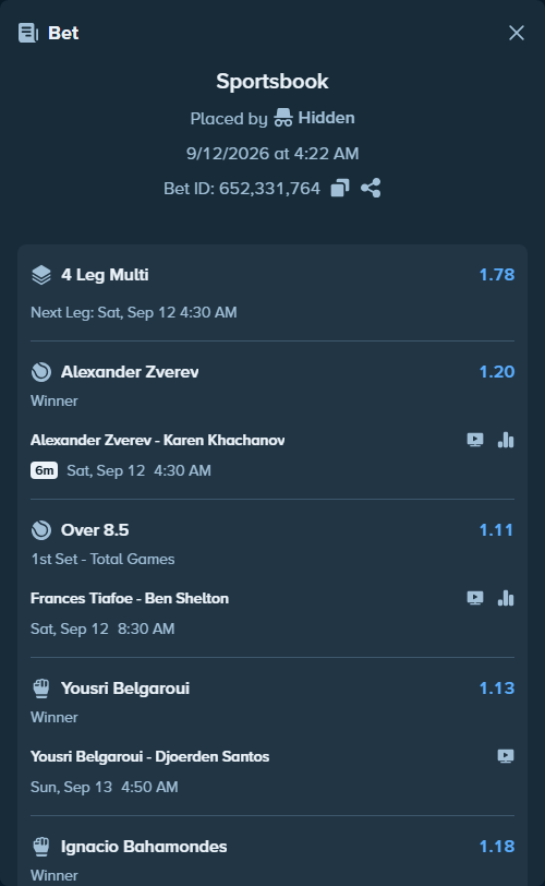 Bet slip: Yousri Belgaroui - Djoerden Santos, $40,905.23 stake at 1.13 odds, placed by Hidden