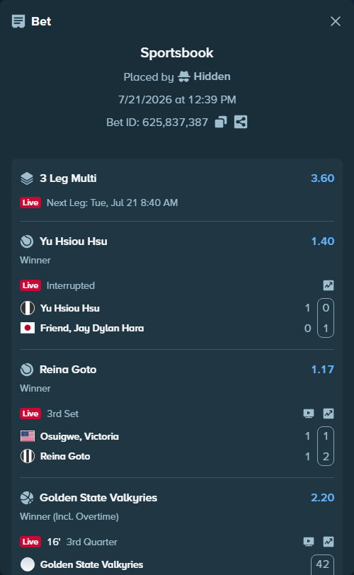 Bet slip: Yu Hsiou Hsu - Friend, Jay, $10,000.00 stake at 1.40 odds, placed by Hidden