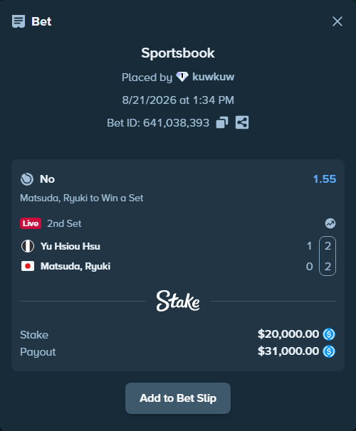Bet slip: Yu Hsiou Hsu - Matsuda, Ryuki, $20,000.00 stake at 1.55 odds, placed by kuwkuw
