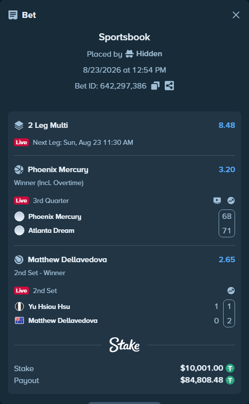 Bet slip: Yu Hsiou Hsu - Matthew Dellavedova, $10,000.00 stake at 2.65 odds, placed by Hidden