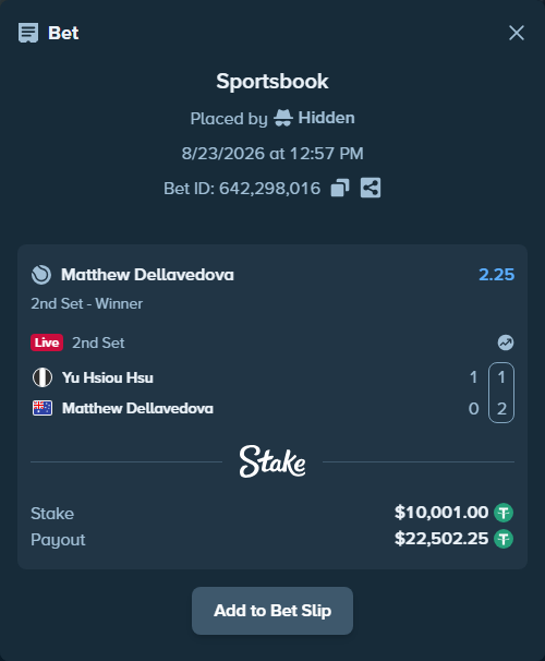 Bet slip: Yu Hsiou Hsu - Matthew Dellavedova, $10,000.00 stake at 2.25 odds, placed by Hidden