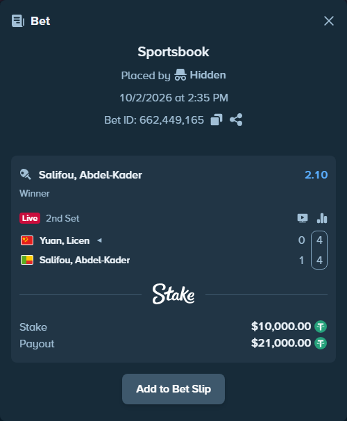 Bet slip: Yuan, Licen - Salifou, Abdel-Kader, $10,000.00 stake at 2.10 odds, placed by Hidden
