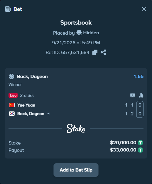 Bet slip: Yue Yuan - Dayeon Back, $20,000.00 stake at 1.65 odds, placed by Hidden