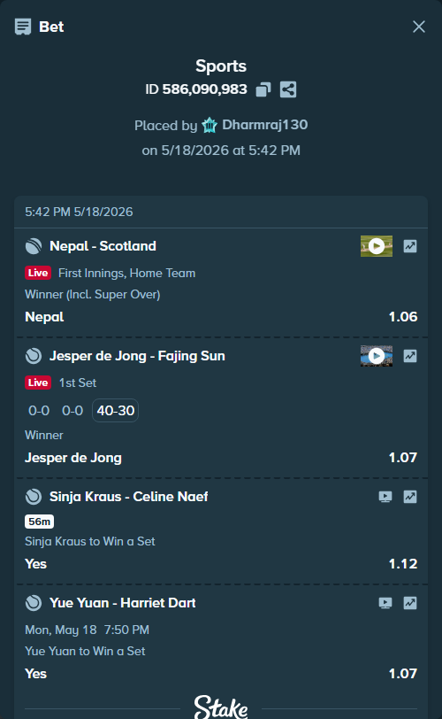 Bet slip: Yue Yuan - Harriet Dart, $10,430.27 stake at 1.07 odds, placed by Dharmraj130