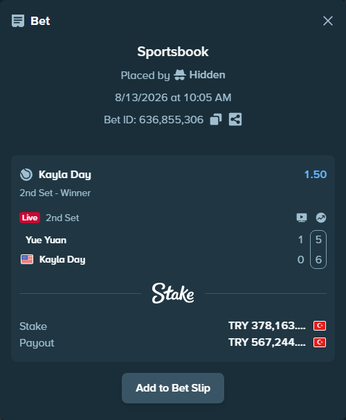 Bet slip: Yue Yuan - Kayla Day, $11,344.89 stake at 1.50 odds, placed by Hidden