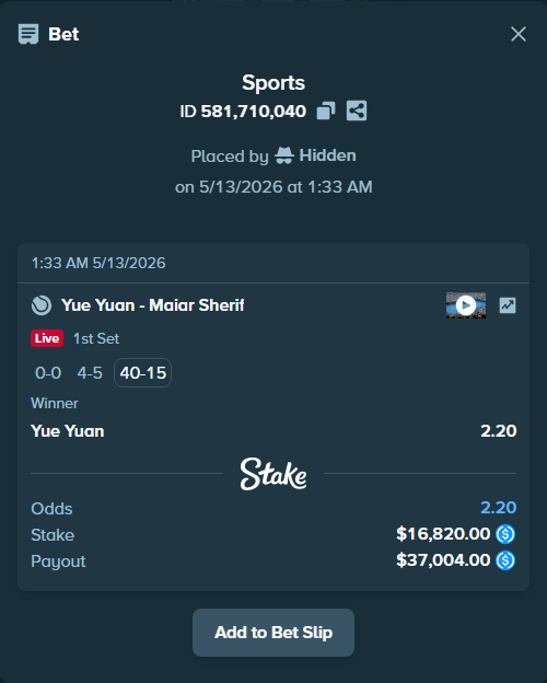 Bet slip: Yue Yuan - Maiar Sherif, $16,820.00 stake at 2.20 odds, placed by Hidden