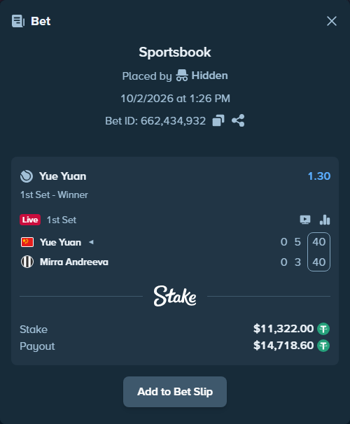 Bet slip: Yue Yuan - Mirra Andreeva, $11,322.00 stake at 1.30 odds, placed by Hidden