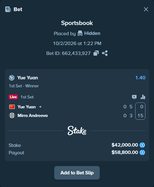 Bet slip: Yue Yuan - Mirra Andreeva, $42,000.00 stake at 1.40 odds, placed by Hidden