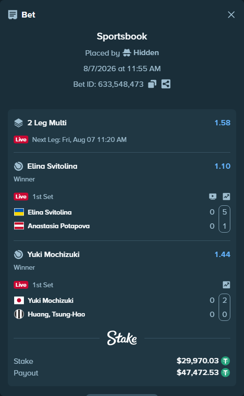Bet slip: Yuki Mochizuki - Tsung-Hao Huang, $30,000.00 stake at 1.44 odds, placed by Hidden
