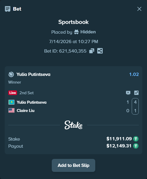 Bet slip: Yulia Putintseva - Claire Liu, $11,923.00 stake at 1.02 odds, placed by RyazheniyPetuh