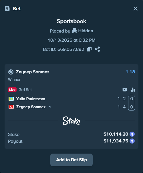 Bet slip: Yulia Putintseva - Zeynep Sonmez, $10,004.47 stake at 1.18 odds, placed by Kovou77