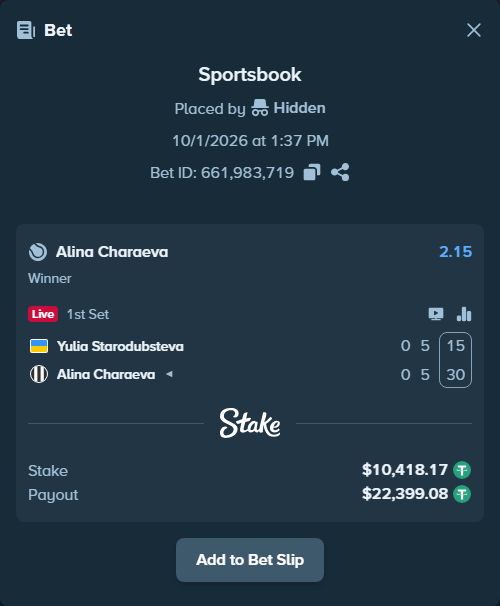 Bet slip: Yulia Starodubsteva - Alina Charaeva, $10,428.59 stake at 2.15 odds, placed by Hidden