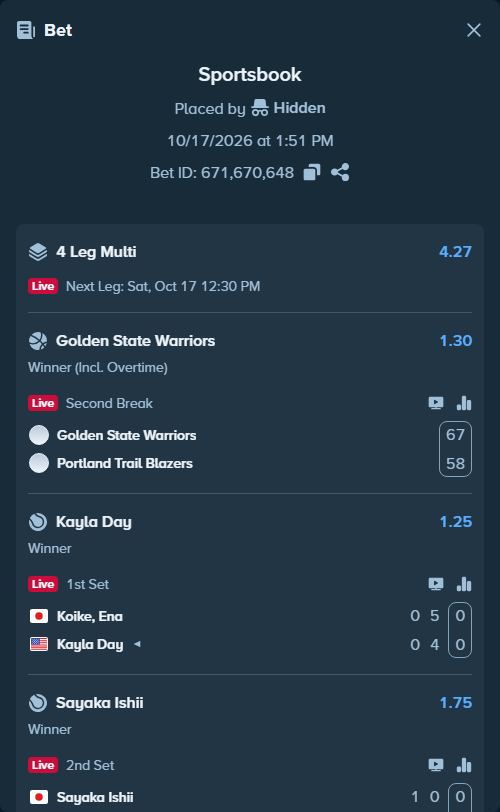 Bet slip: Yulia Starodubsteva - Anastasia Zakharova, $10,000.00 stake at 1.50 odds, placed by Hidden
